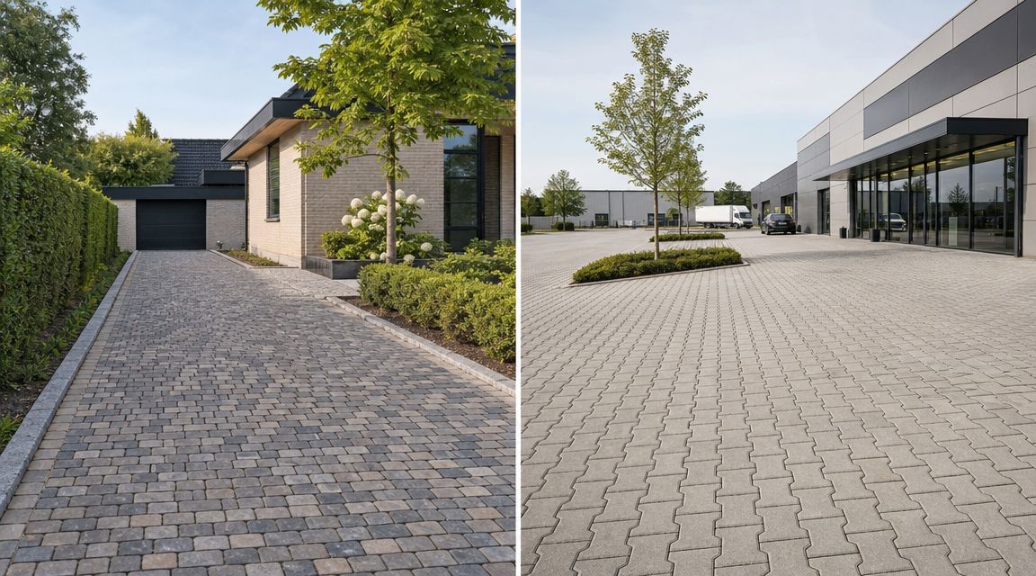 To billeder af forskellige typer belægningssten lagt i en privat indkørsel og på en erhvervs parkeringsplads.