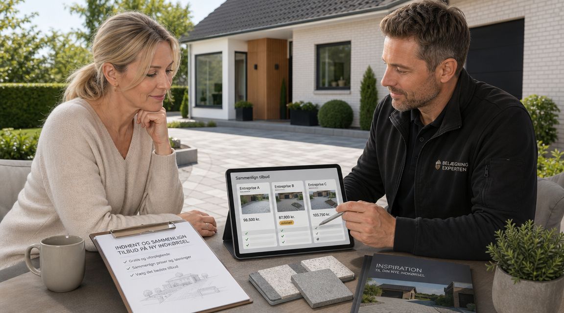 En kvinde og en rådgiver gennemgår tilbud på belægning af en ny indkørsel på en tablet udendørs.