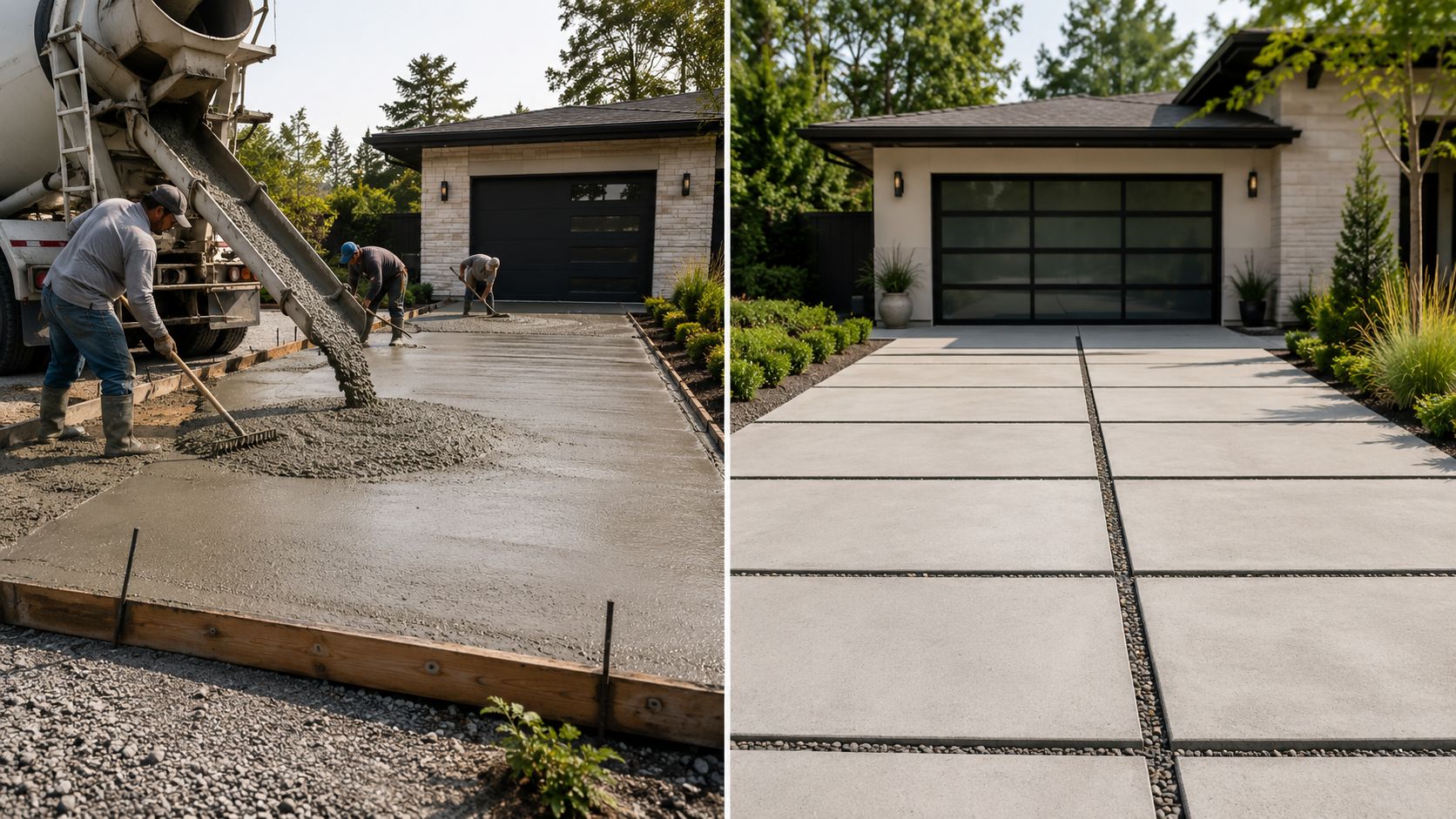 Arbejdere støber en moderne betonindkørsel, der viser både selve støbeprocessen og det færdige stilfulde resultat.