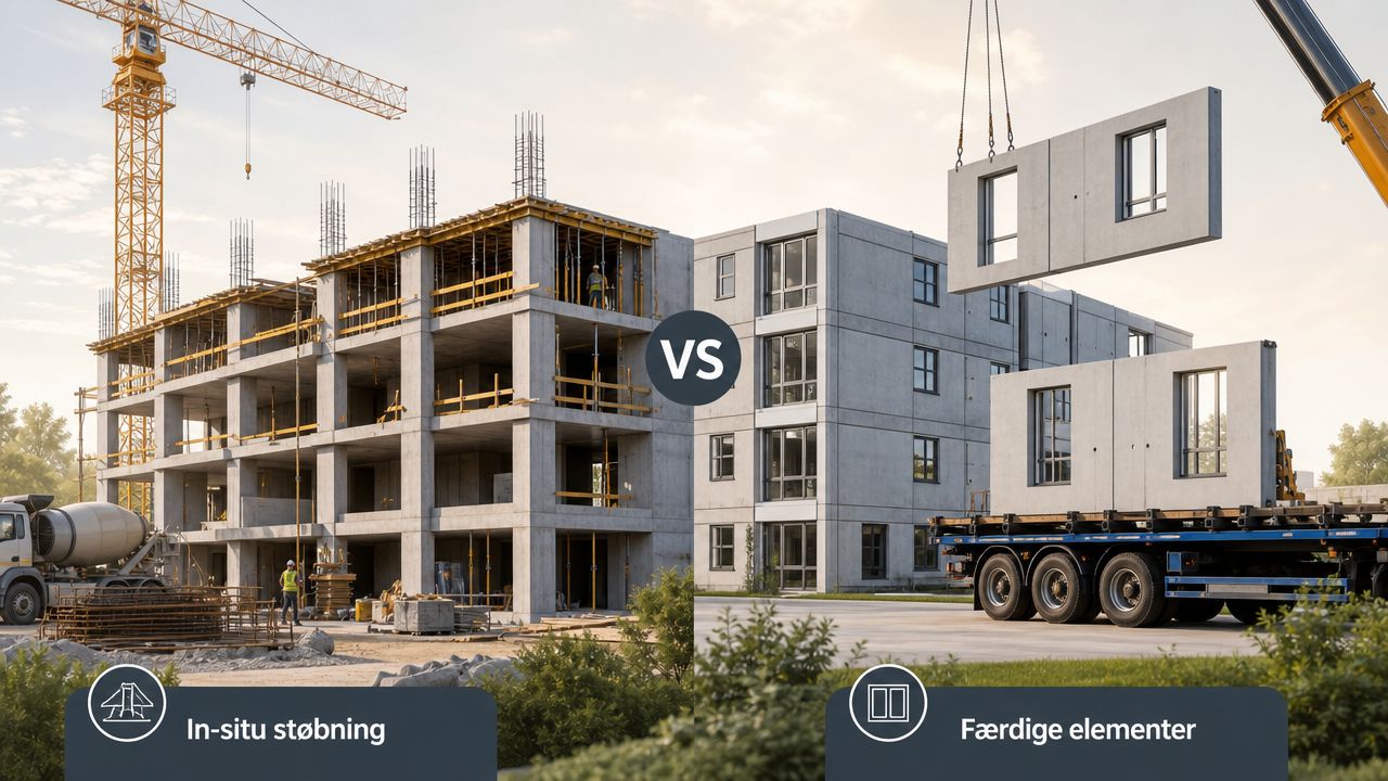 Sammenligning af in-situ betonstøbning og præfabrikerede betonelementer til moderne byggeprojekter ved brug af kraner.