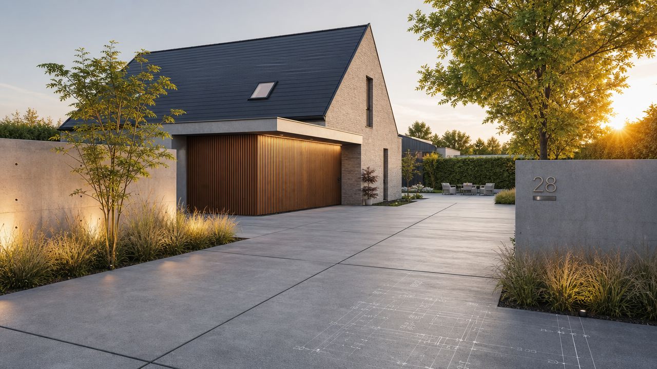 Moderne hus med beton indkørsel og arkitekttegninger indgraveret i fliserne ved solnedgang i en elegant have.