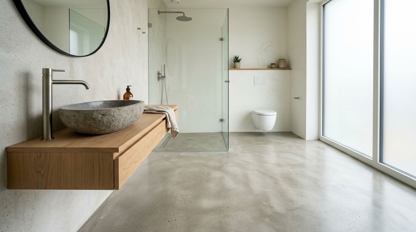 Moderne badeværelse med poleret betongulv, svævende træbordplade, sten-håndvask og glasafskærmet bruseniche med et minimalistisk design.