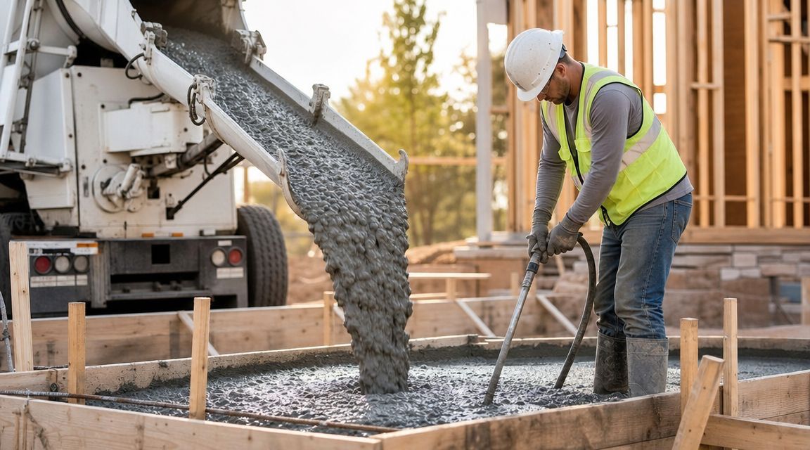 En bygningsarbejder i sikkerhedsudstyr bruger en betonvibrator, mens beton hældes fra en betonblander ned i et fundament.