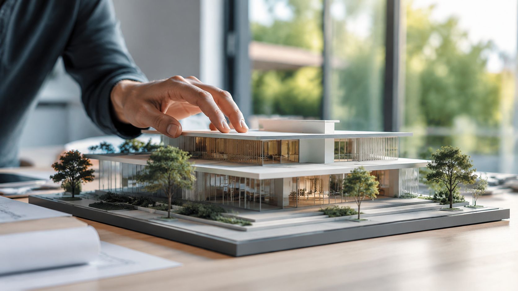 En arkitekt placerer sin hånd på en detaljeret arkitektonisk model af en moderne kontorbygning på et kontor.