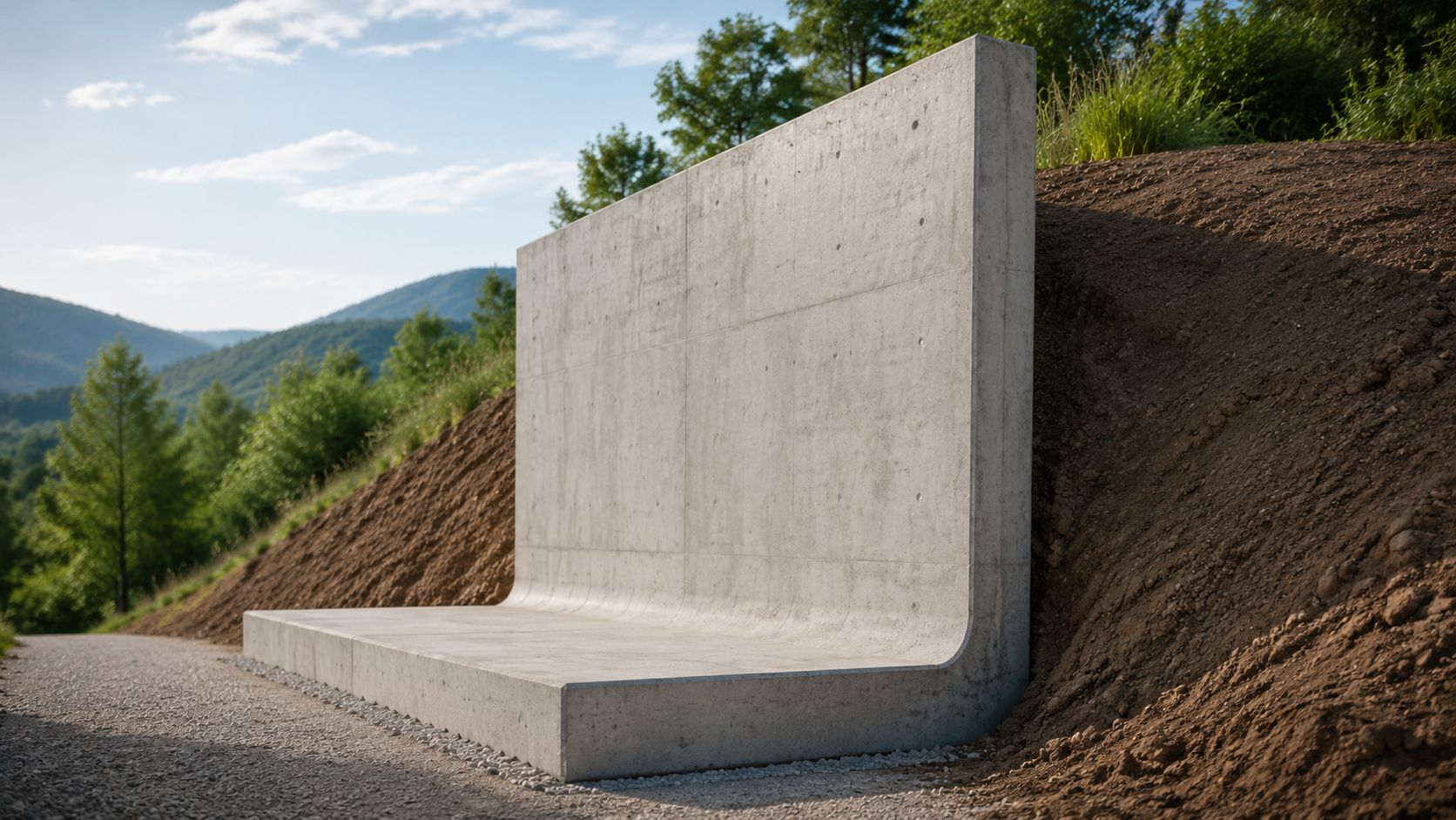 En minimalistisk støttemur af beton placeret i et bakket landskab langs en grussti i naturen.
