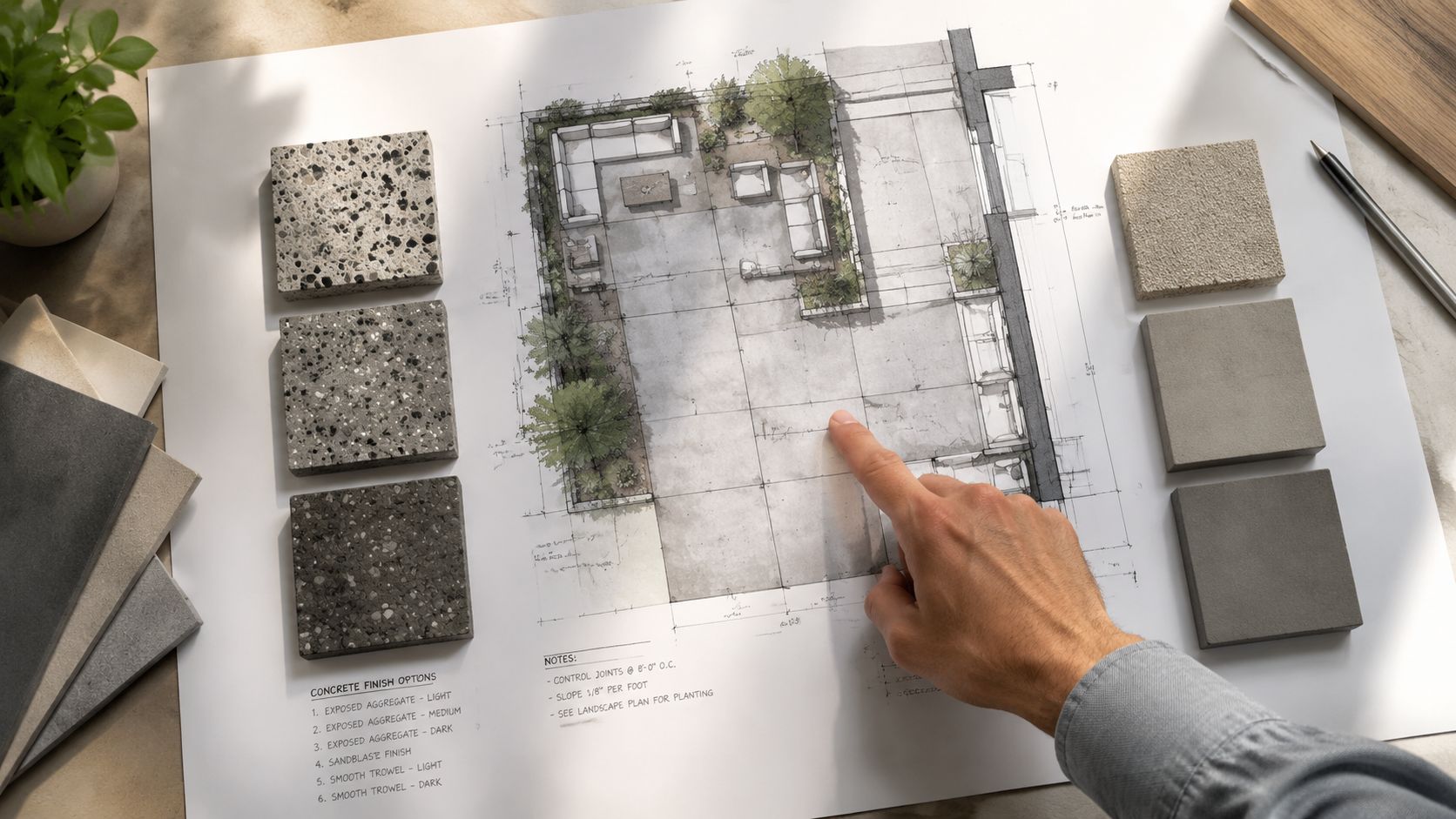 En arkitekt der peger på en landskabstegning af en terrasse med forskellige betonprøver ved siden af.