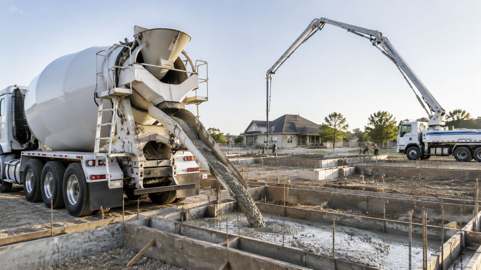 En betonkanonbil hælder flydende beton i en støbeform til et nyt husbyggeri på en solskinsdag.