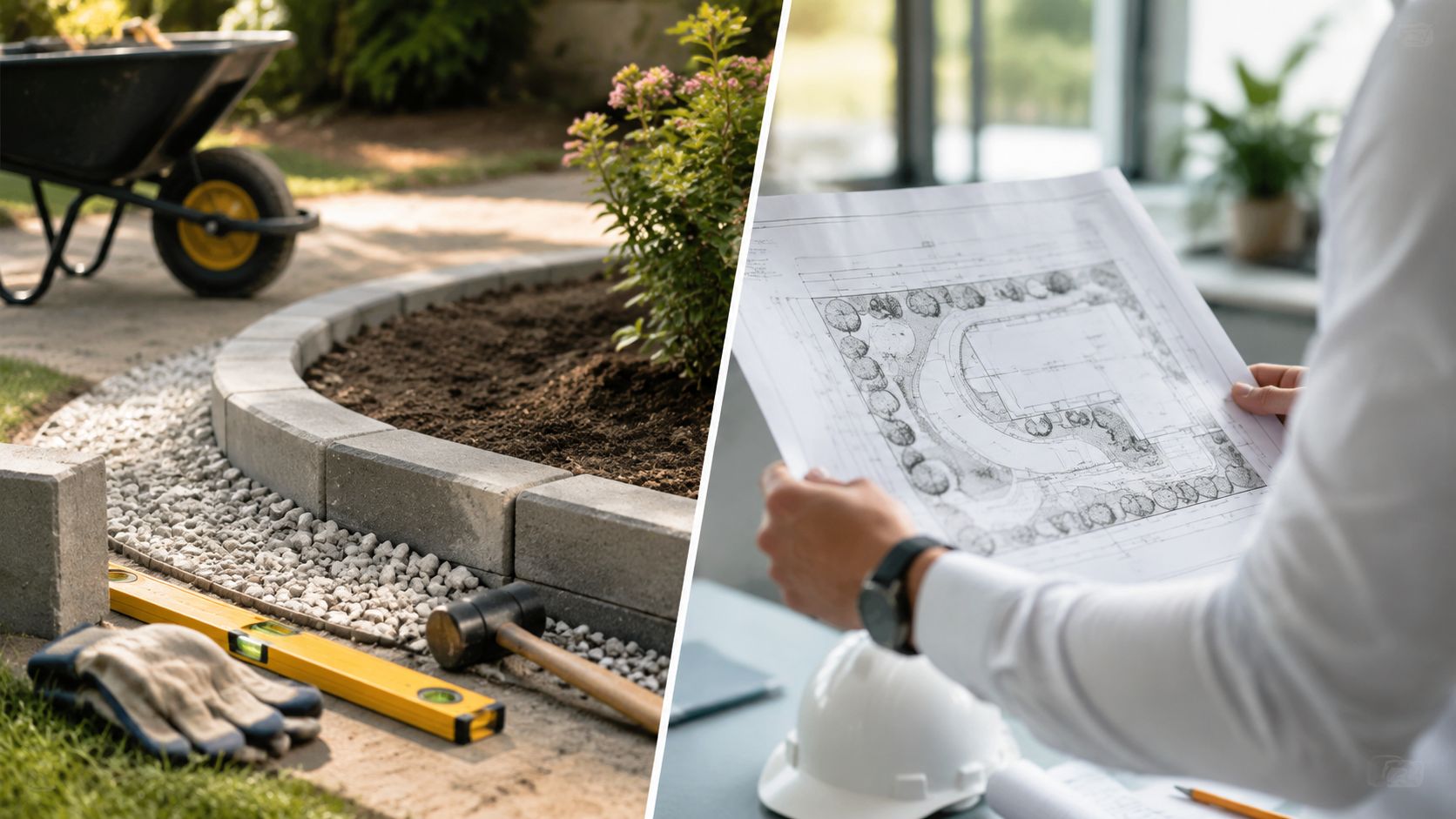 En sammenligning af et haveanlæg med kantsten ved en indkørsel og en arkitekt, der læser plantegninger.