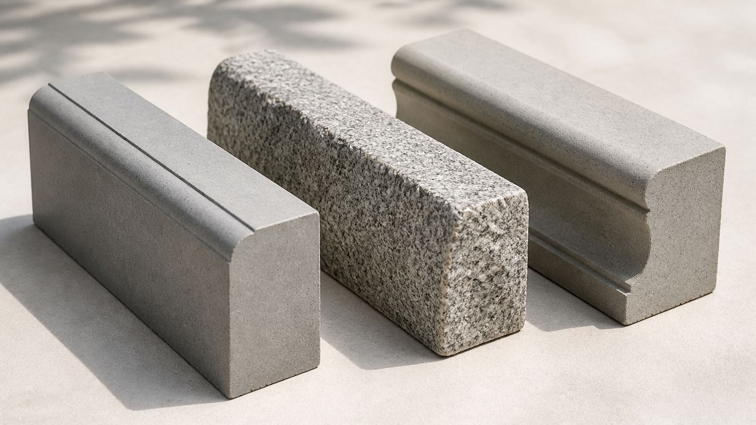 Tre forskellige typer kantsten i beton og granit placeret ved siden af hinanden på en lys overflade.