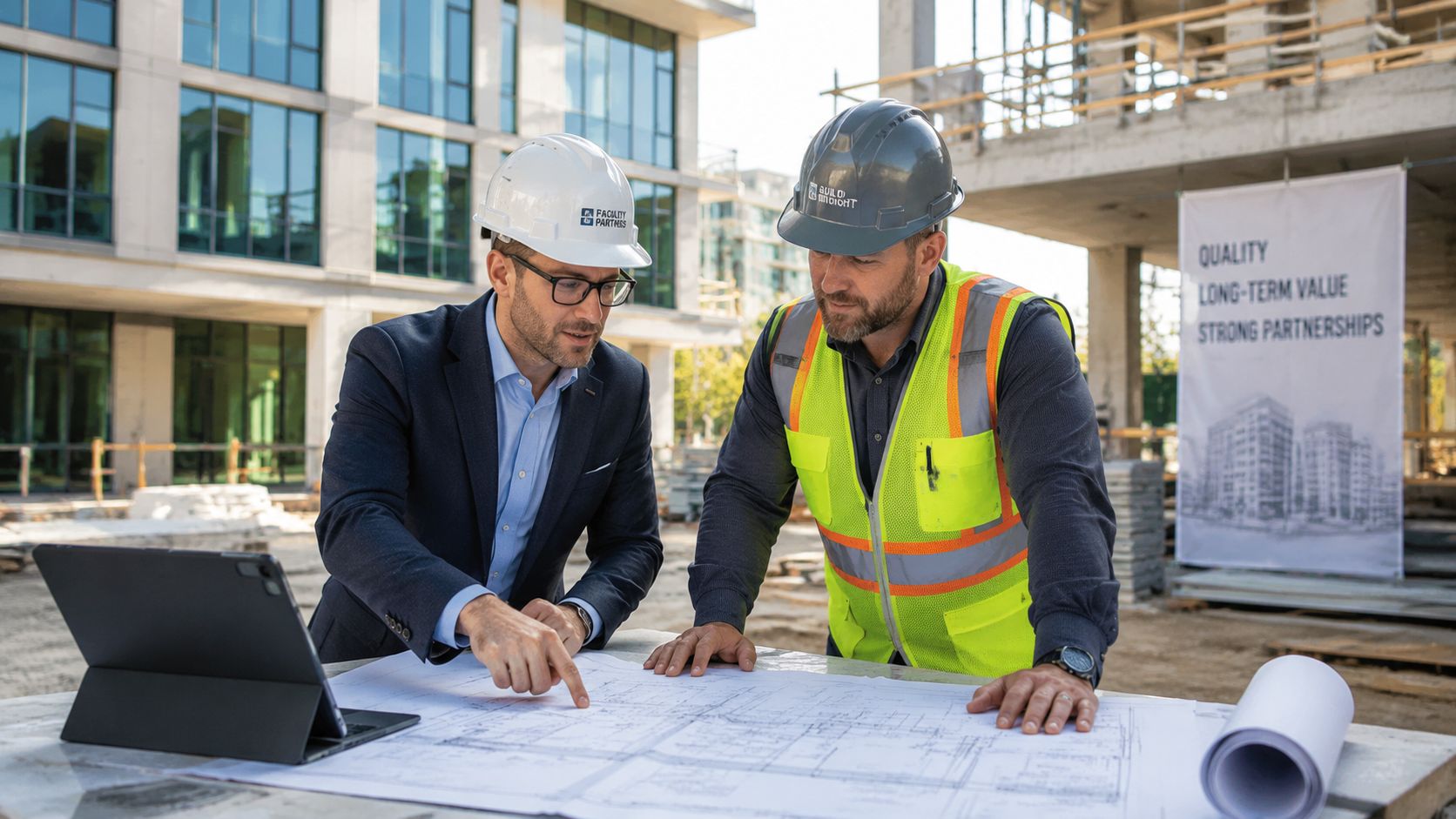 To mænd med hjelme diskuterer byggeplaner på en tablet og papirtegninger på en byggeplads.