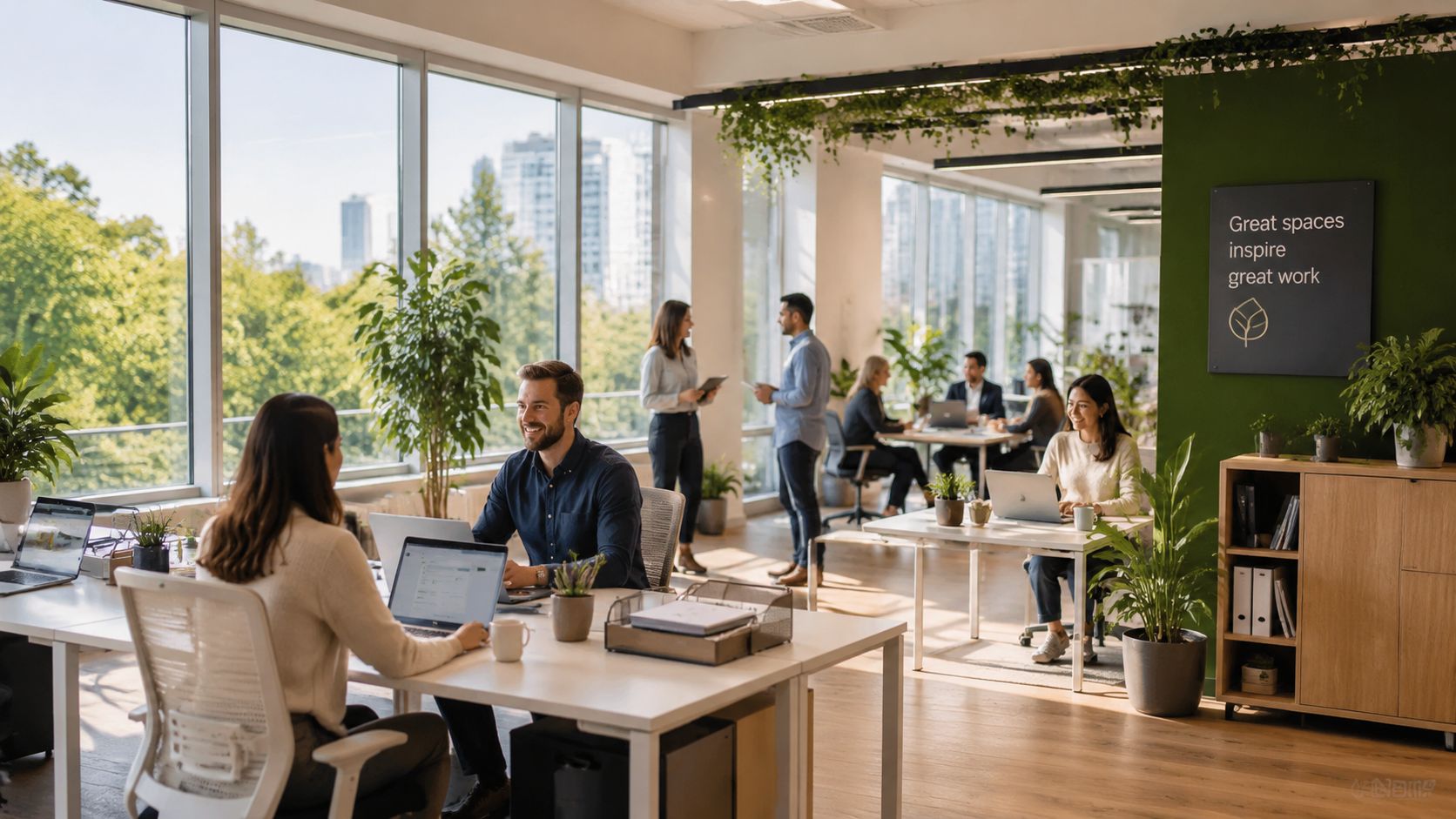 Folk der arbejder i et moderne lyst kontorlandskab med store vinduer og grønne planter i interiøret.