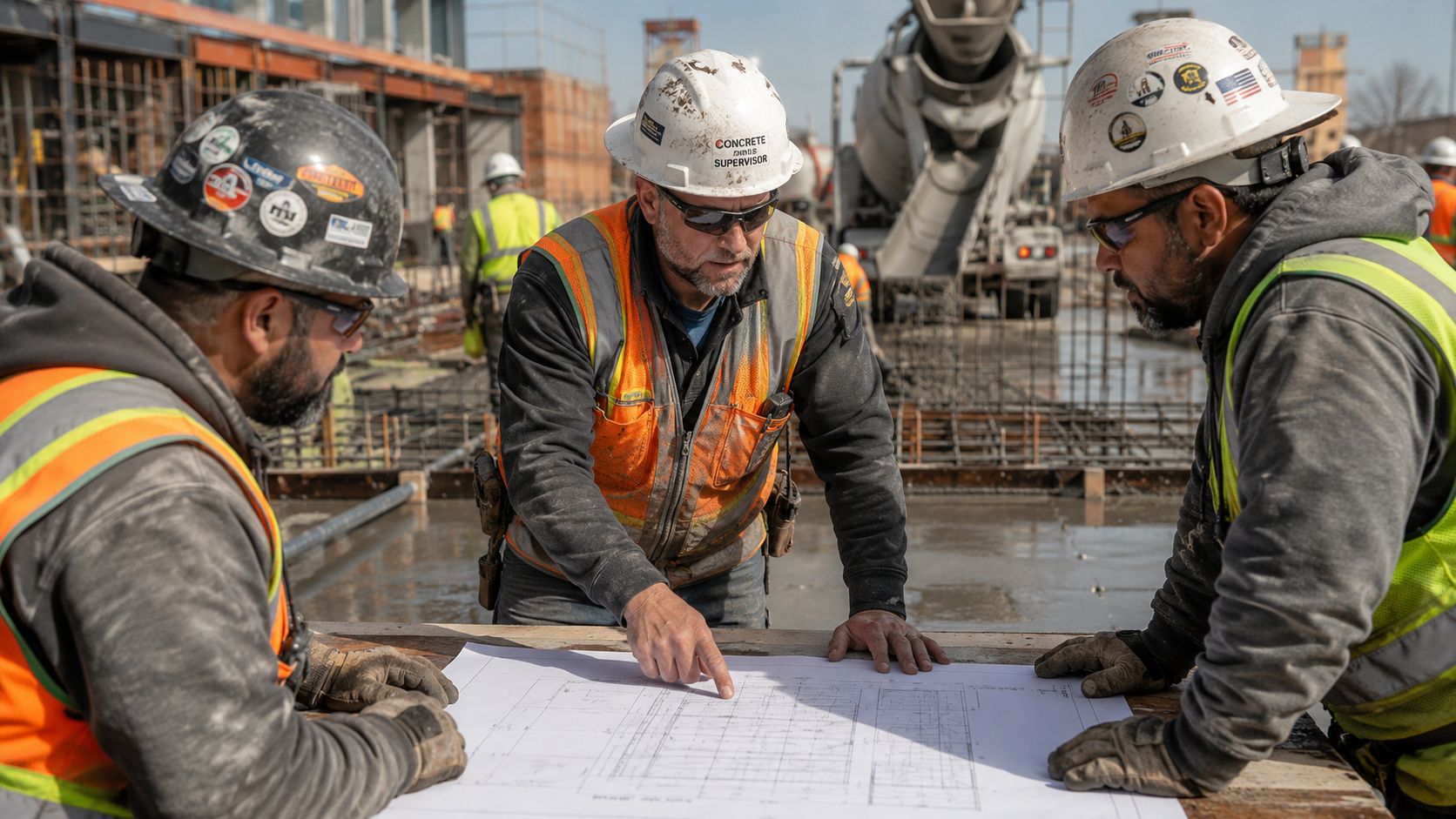 Tre bygningsarbejdere i sikkerhedsudstyr studerer byggeplaner på en byggeplads med en betonkanon i baggrunden.