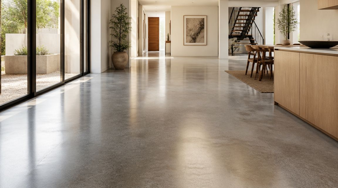 Et moderne, lyst rum med et blankt, poleret betongulv og en åben planløsning i et minimalistisk hjem.