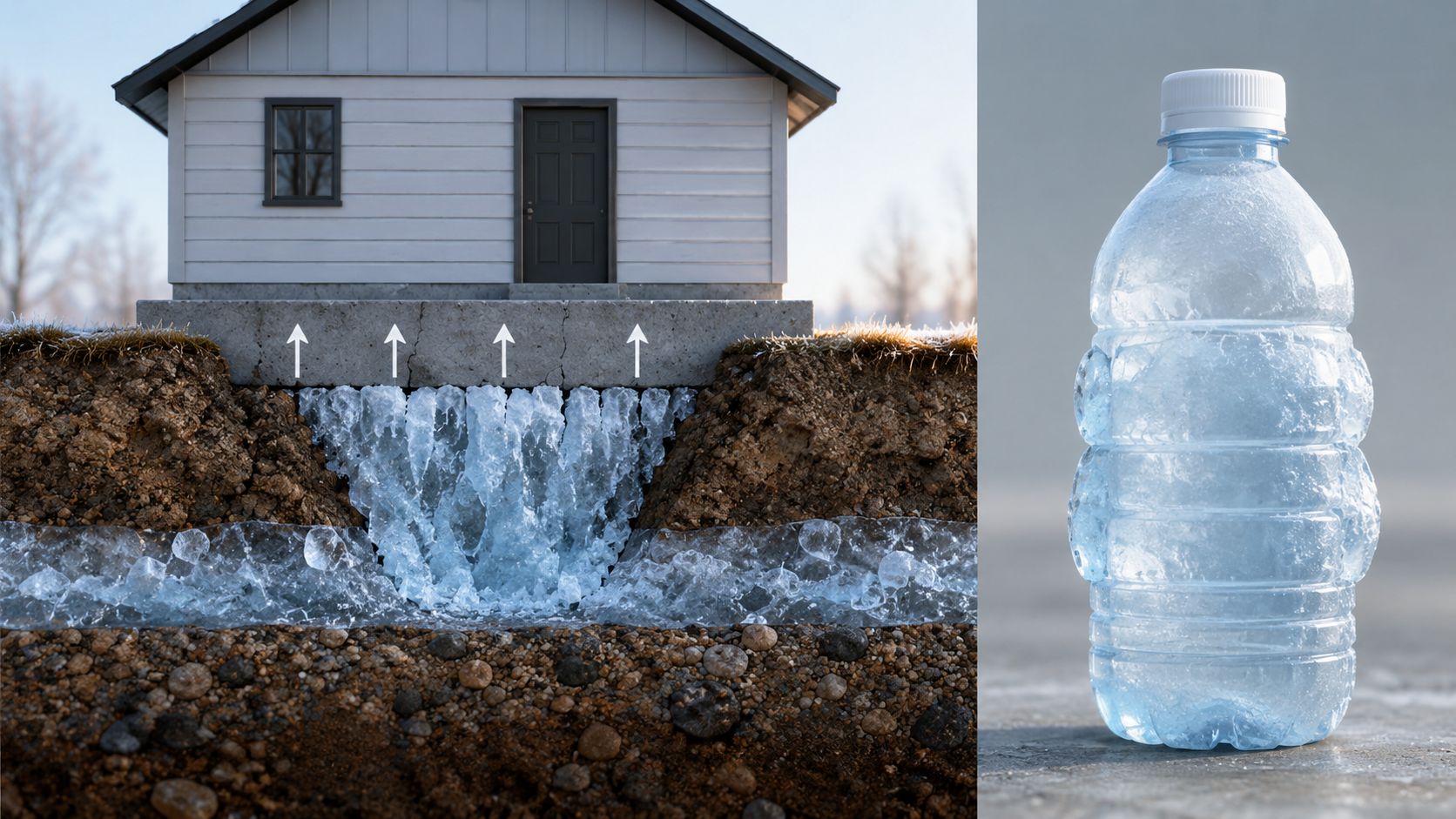 Illustration af frostfri dybde for fundament under et hus sammenlignet med en frossen vandflaske.