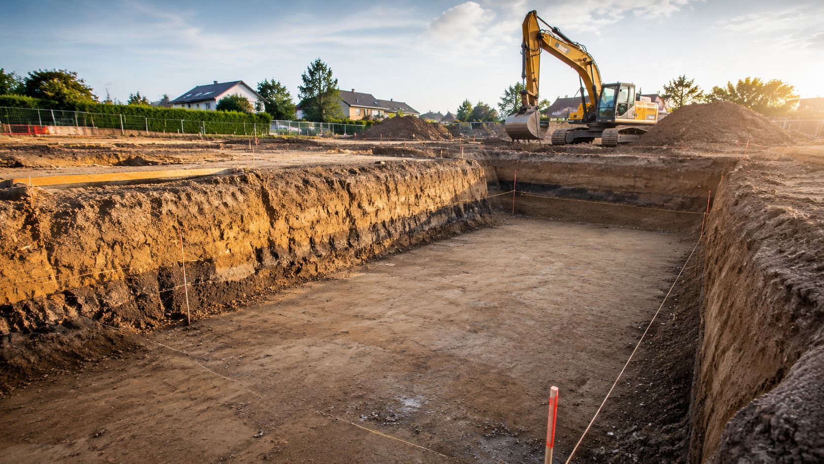 En stor gravemaskine arbejder på en byggegrund, hvor der er gravet ud til et nyt fundament.
