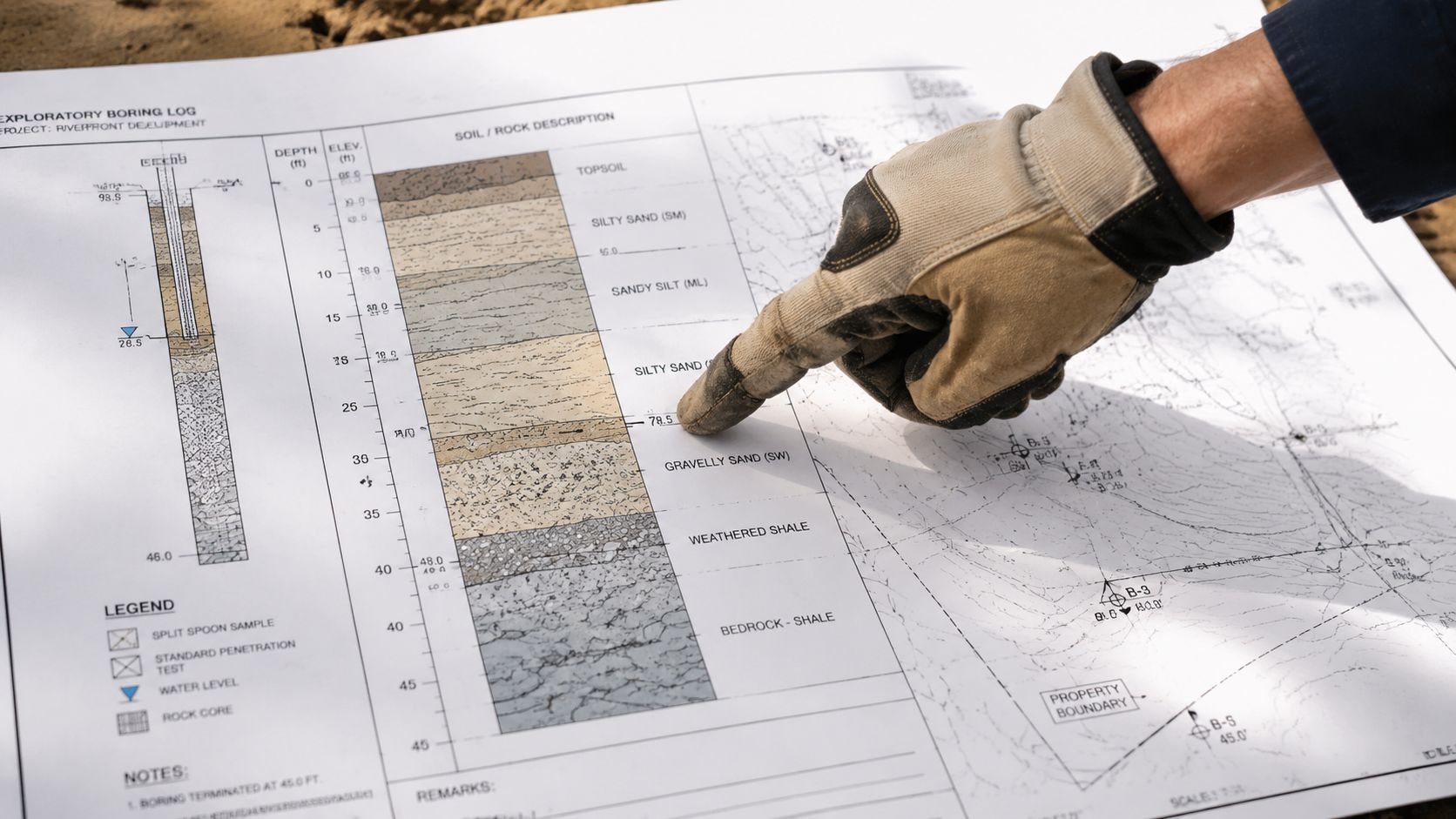 En ingeniør i arbejdshandsker peger på en geologisk jordbundsundersøgelse med jordlag og klippeformationer på en tegning.