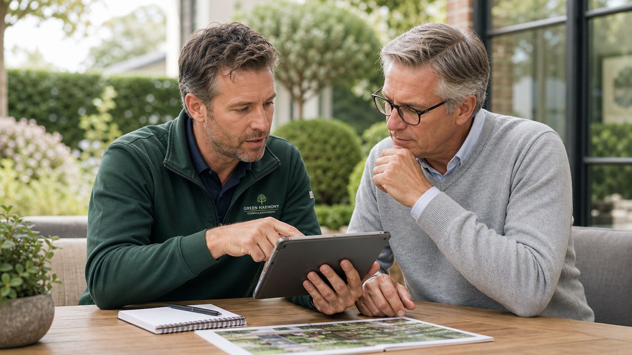 To mænd sidder ved et havebord og diskuterer et havedesign på en tablet og papirskitser.