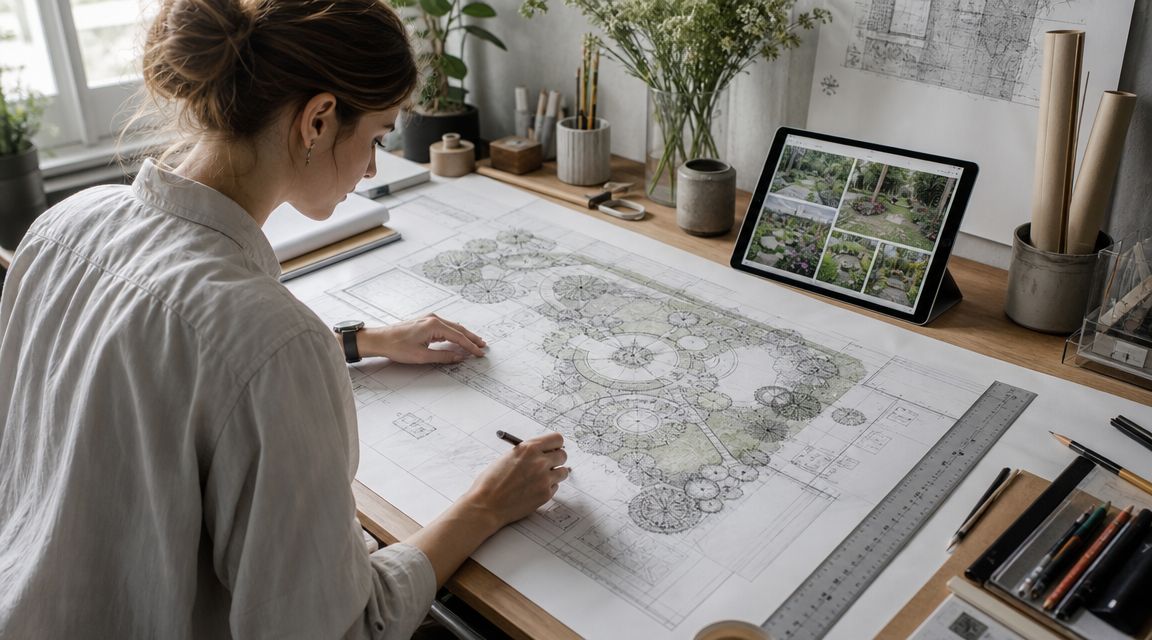 En kvindelig landskabsarkitekt tegner en haveplan på et stort ark papir ved sit skrivebord på kontoret.