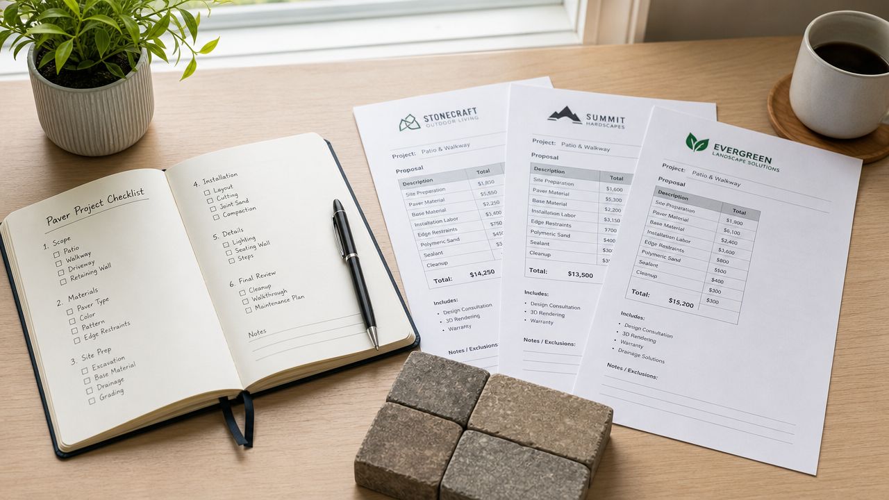 En oversigt over priser for anlægning af indkørsel og terrasse med en tjekliste i en notesbog.