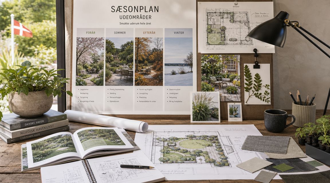 En kreativ arbejdsplads med haveplaner, sæsonplanlægning for udemiljøer, tegninger, bøger og små planter på et træbord.