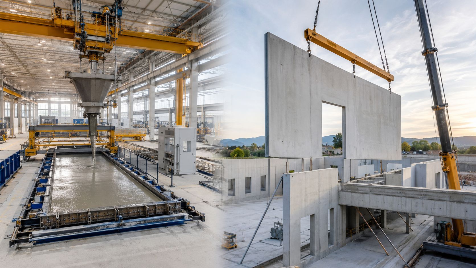 Produktion af præfabrikerede betonelementer på fabrik og efterfølgende montering af vægelementer på en byggeplads.