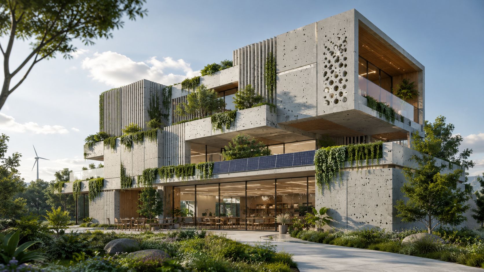 Moderne arkitektonisk bygning lavet af præfabrikerede betonelementer med vertikale haver og integrerede solcellepaneler i et naturskønt landskab.