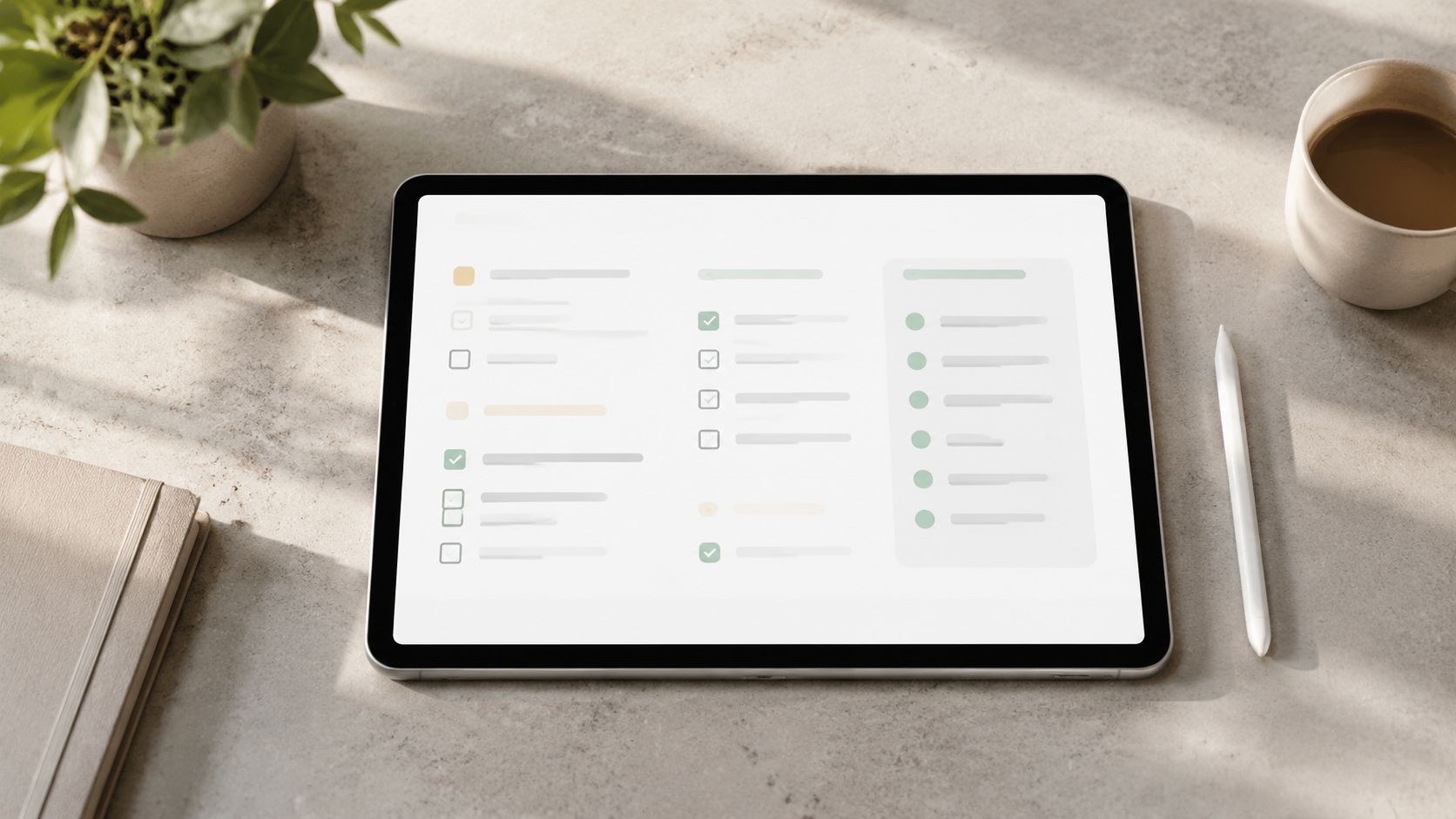 En tablet viser en digital tjekliste på et moderne skrivebord med en kop kaffe og en plante.