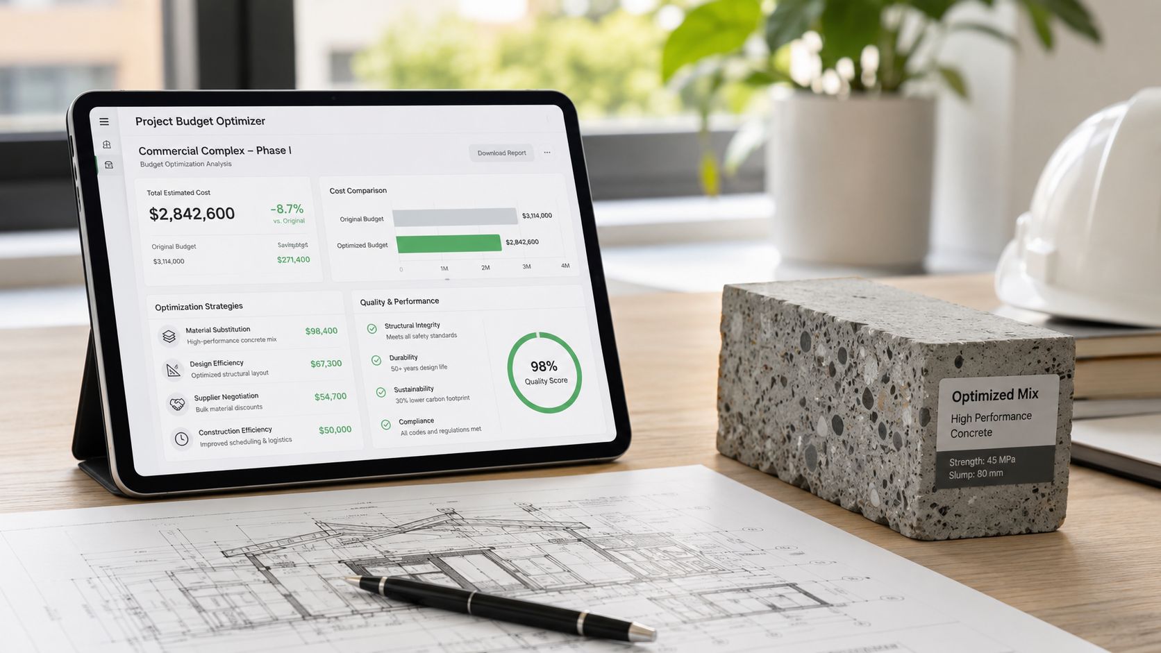En tablet viser en budgetoptimeringsanalyse for betonbyggeri ved siden af en betonprøve og en teknisk byggetegning.