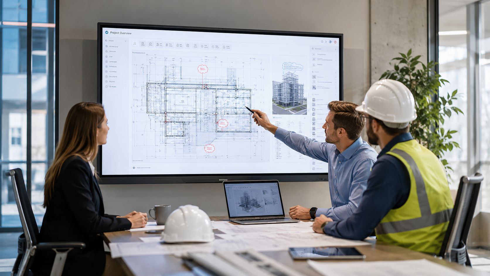 Et professionelt team diskuterer arkitektoniske byggeplaner på en stor skærm i et moderne kontormiljø.