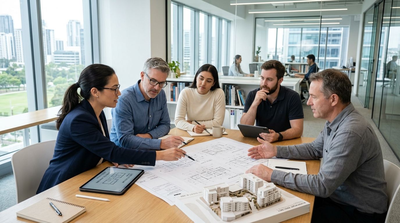 Et hold af professionelle arkitekter og bygherrer, der diskuterer plantegninger og en arkitekturmodel omkring et konferencebord.