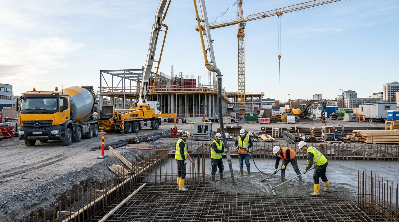 Byggeplads hvor arbejdere hælder beton i et stålarmeret fundament med en stor betonpumpe og kran.