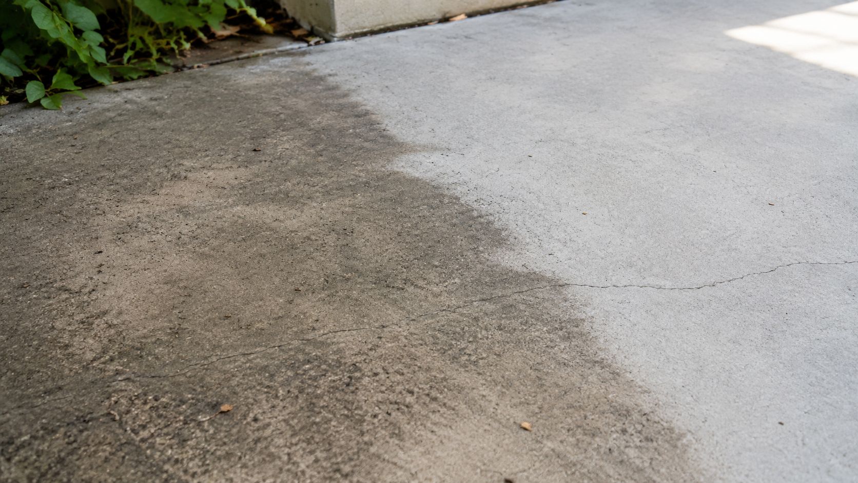 En sammenligning af en beskidt betonoverflade og en renset, lys betonflade på en udendørs terrasse.