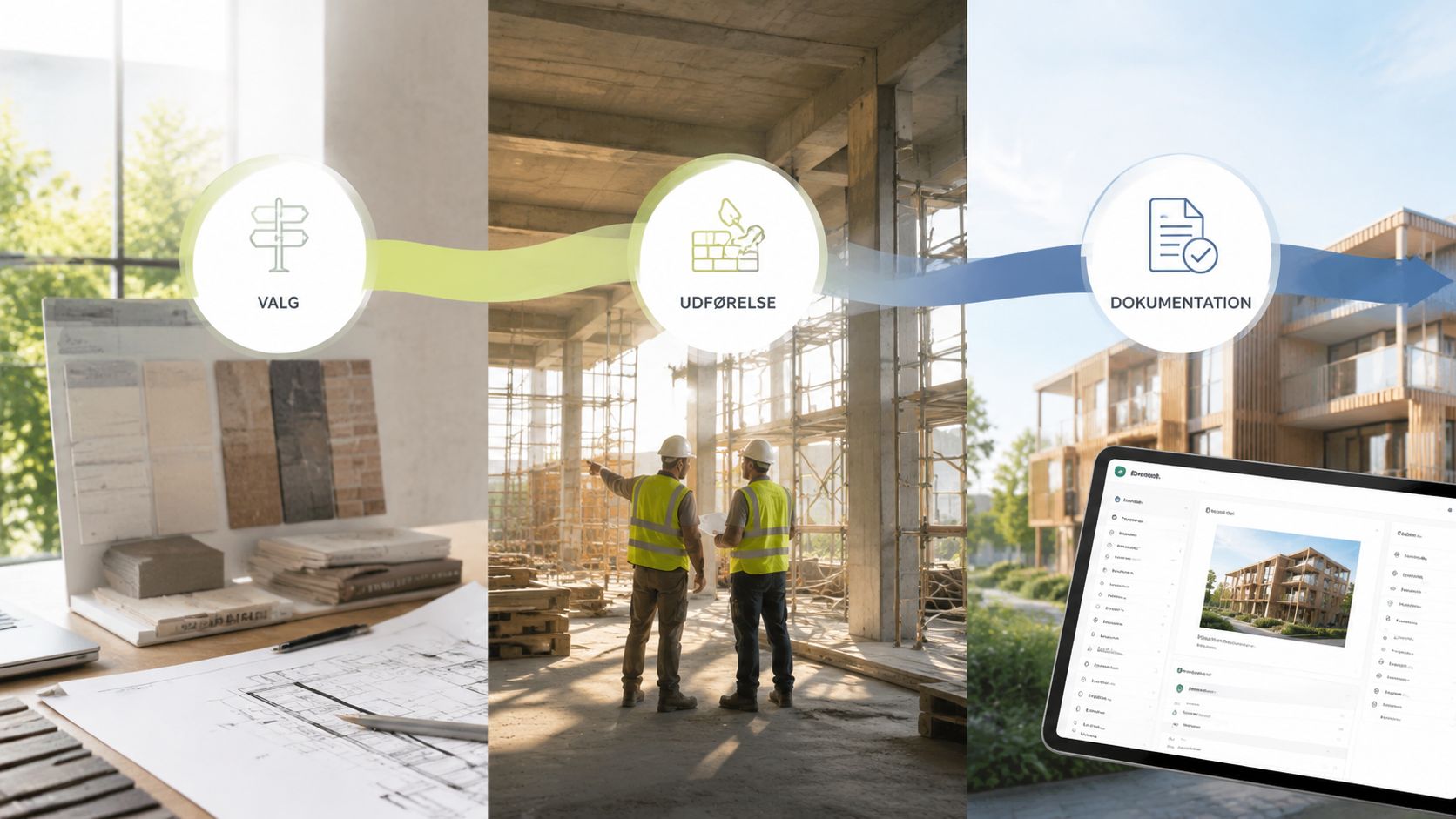 Tre stadier i en byggeproces: valg af materialer, selve udførelsen på byggepladsen og digital dokumentation af projektet.
