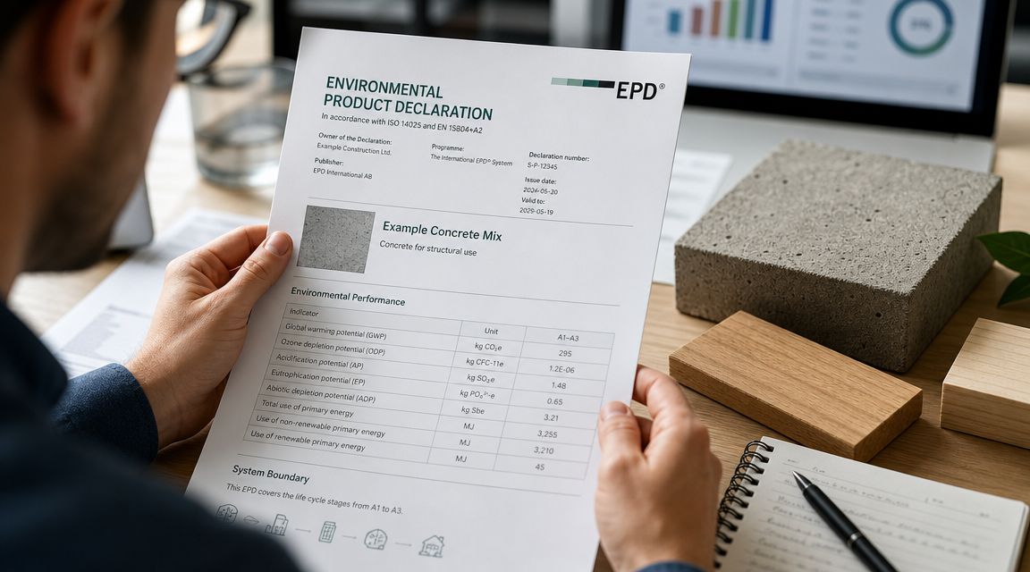 En person holder en miljøvaredeklaration for beton, der viser data om bæredygtighed og miljøpåvirkning ved et skrivebord.