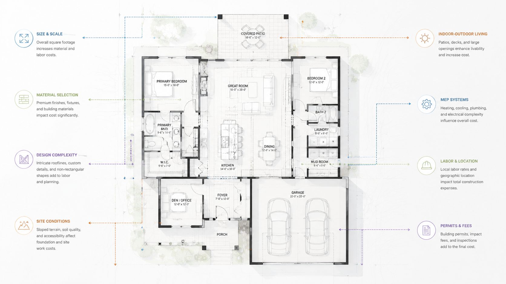 Detaljeret arkitekttegning af en boligplan med fokus på faktorer der påvirker byggeomkostninger ved nybyggeri.