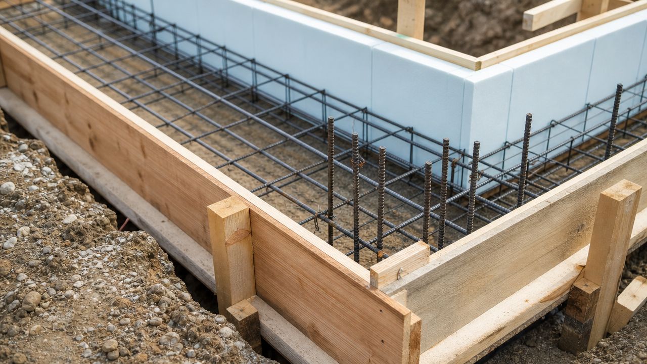 Fundament til garage under opbygning med jernarmering og træforskalling klar til udstøbning af beton i byggeriet.