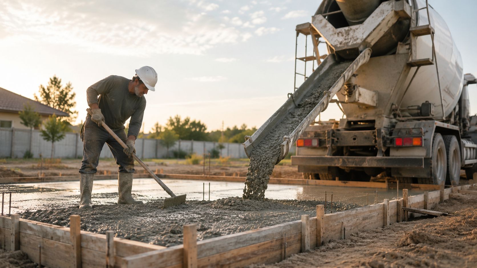 Bygningsarbejder i sikkerhedshjelm spreder frisk beton fra en betonkanon ud over et fundament til et byggeri.