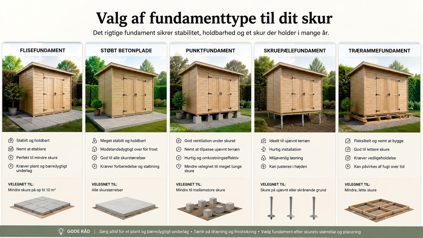 En infografik der sammenligner fem forskellige fundamenttyper til haveskure med fordele og anbefalet anvendelse for hver type.