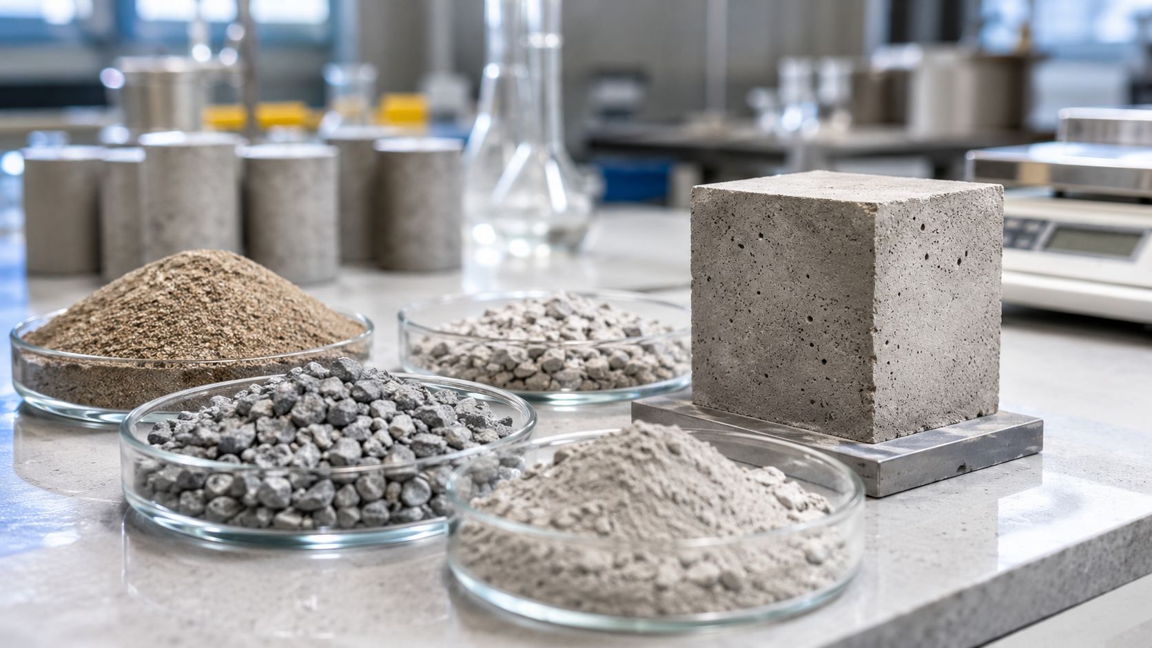 Prøver af betonmaterialer, herunder sand, tilslag og en betonterning, klar til kvalitetskontrol i et laboratorium.