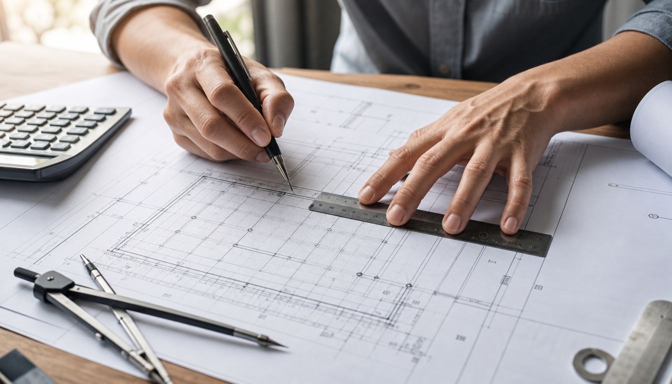 Arkitekt arbejder ved et bord med tegninger af en bygningskonstruktion ved hjælp af en lineal og pen.