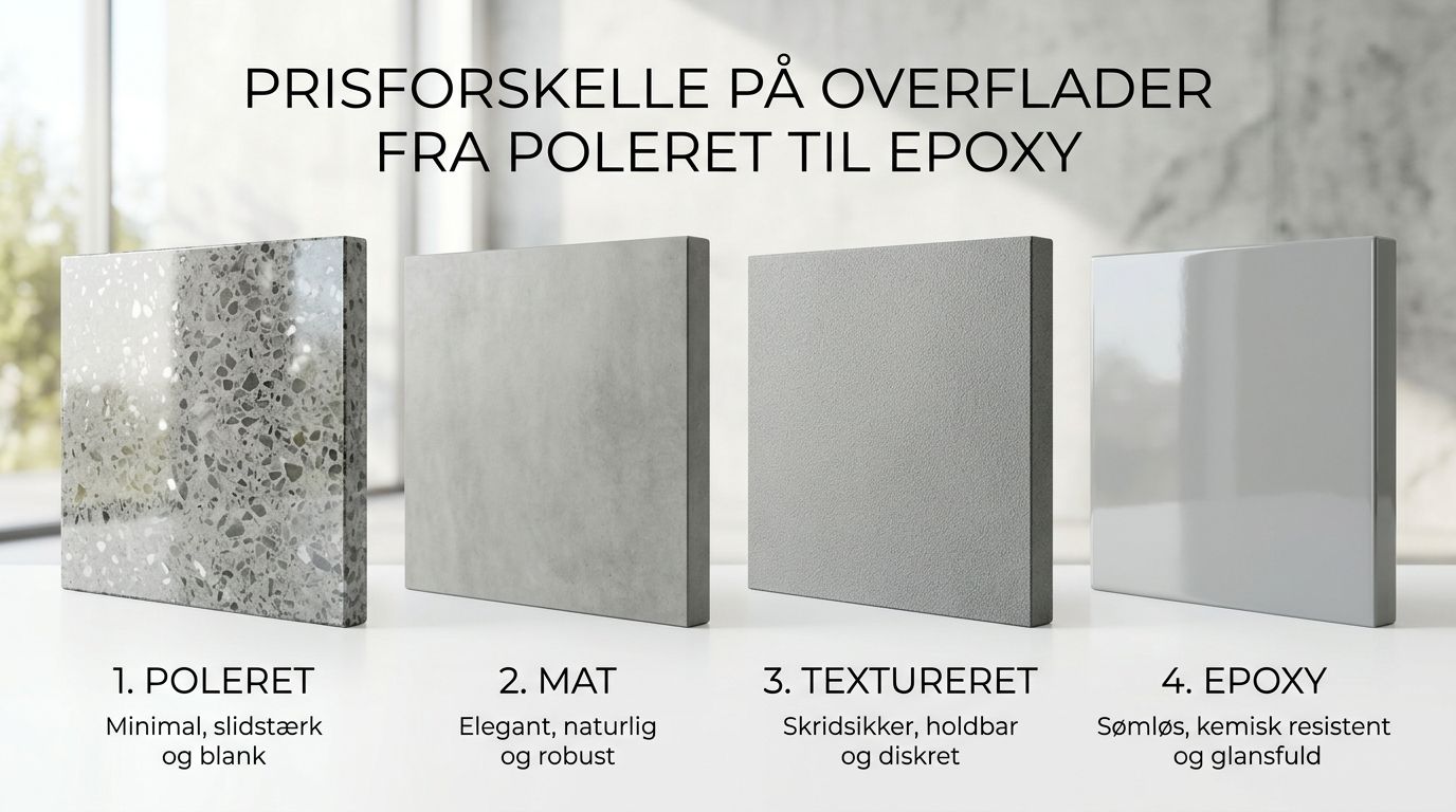 Fire forskellige typer betonoverflader vist som kvadratiske prøver med beskrivelser af deres egenskaber og finish.