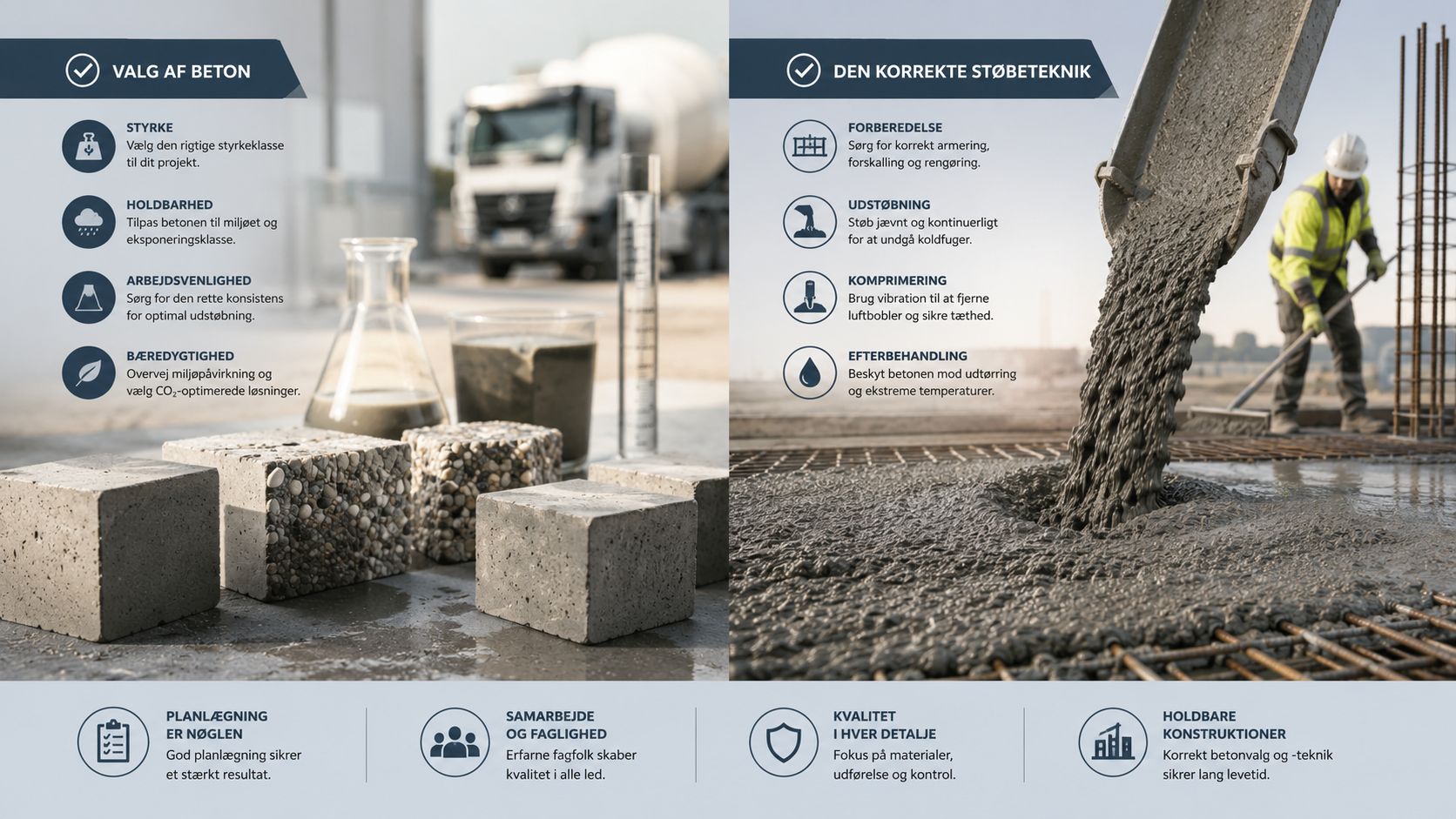 En infografik om støbning af beton med tips til valg af beton, korrekt støbeteknik og vigtigheden af planlægning.