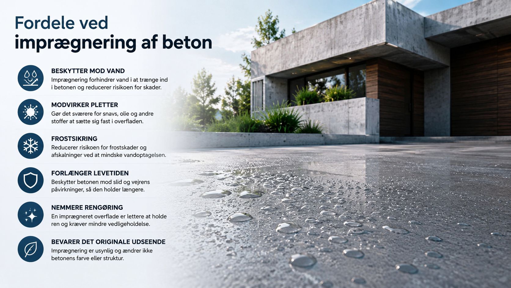 En oversigt over fordele ved imprægnering af beton med en moderne bygning og vandafvisende overflade i baggrunden.