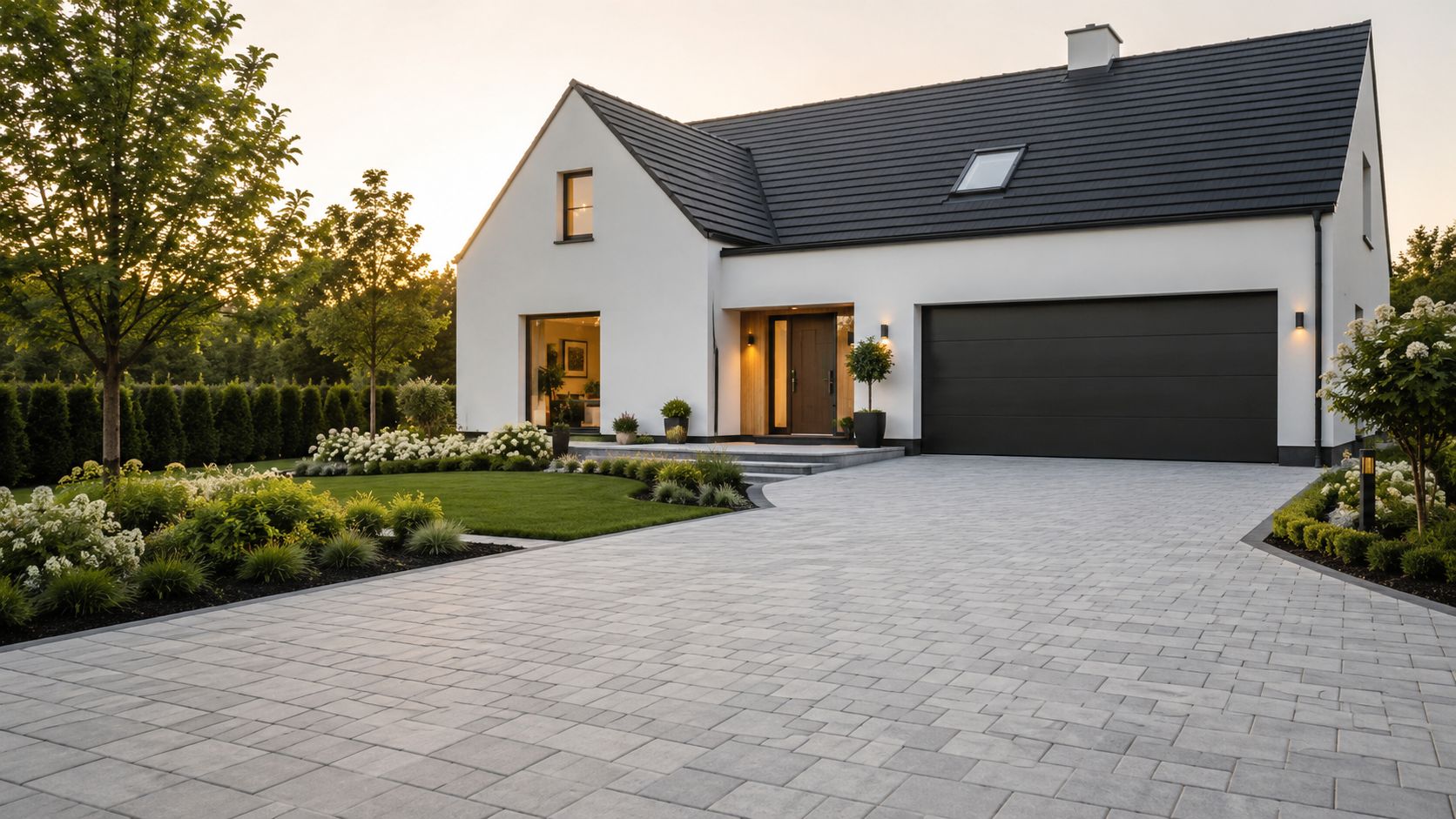 Et moderne hvidt parcelhus med en flot anlagt indkørsel af grå betonfliser og velplejet have