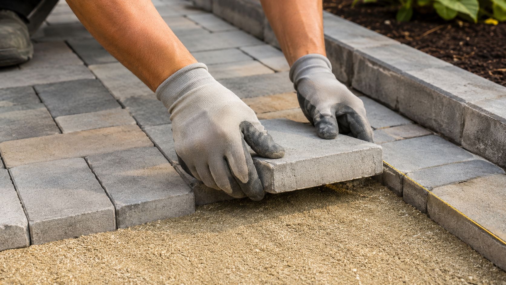 En håndværker lægger betonfliser til en ny indkørsel på et underlag af sand med beskyttende arbejdshandsker på.