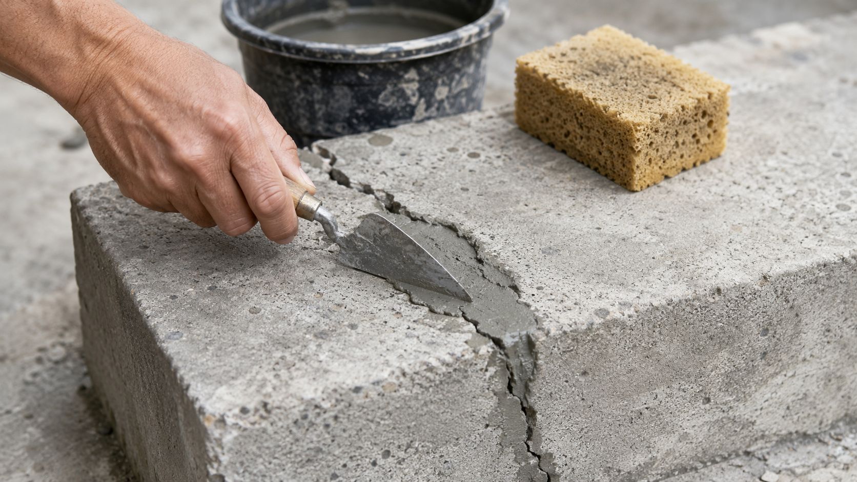 En hånd reparerer en revne i en betontrappe ved hjælp af en murske og frisk cement