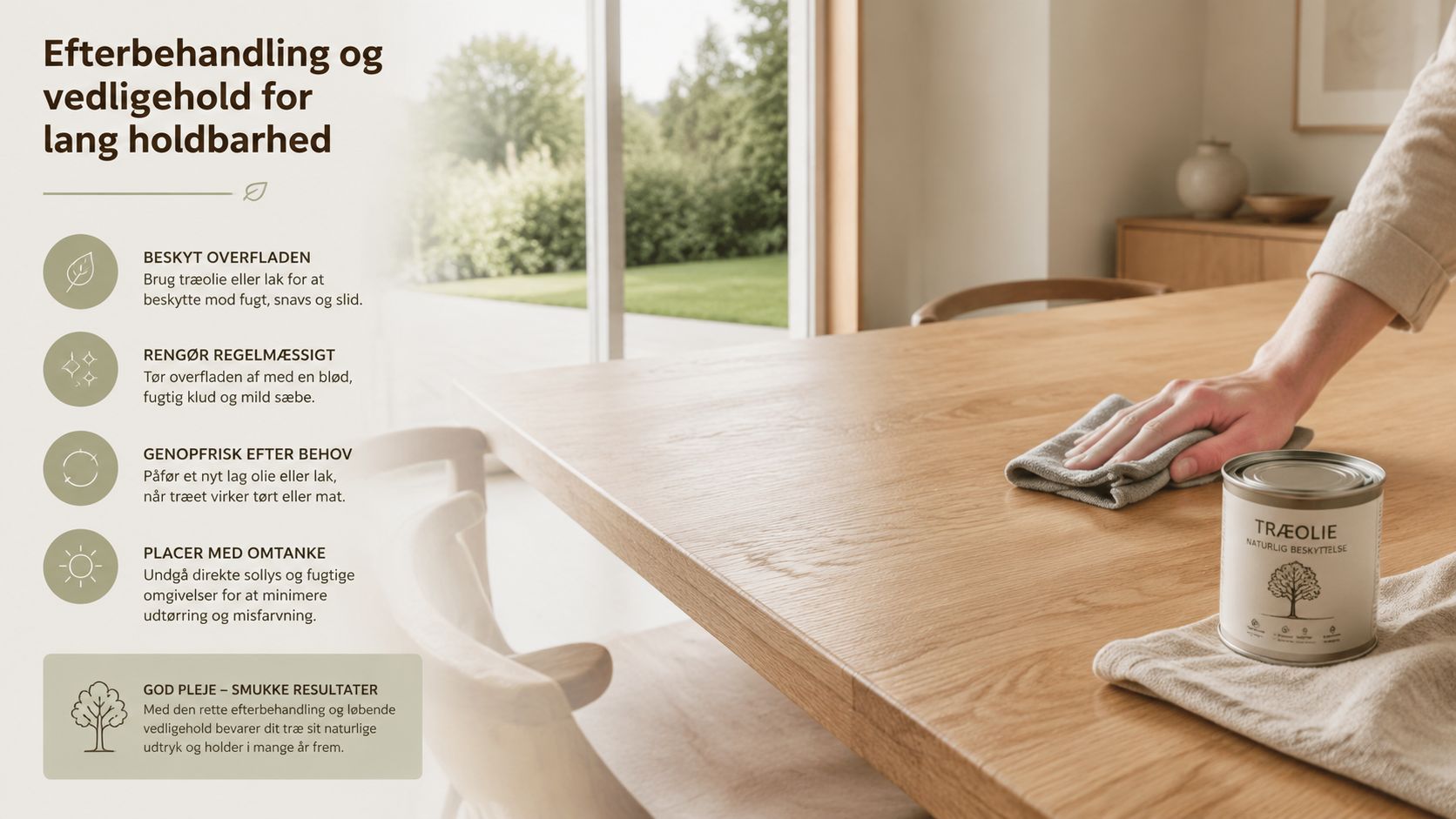 En person plejer et træbord med olie for at sikre lang holdbarhed og et smukt udseende.