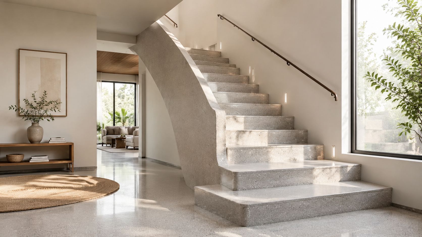 En elegant indendørs betontrappe med et minimalistisk design i en moderne bolig med naturligt lysindfald fra vinduerne.