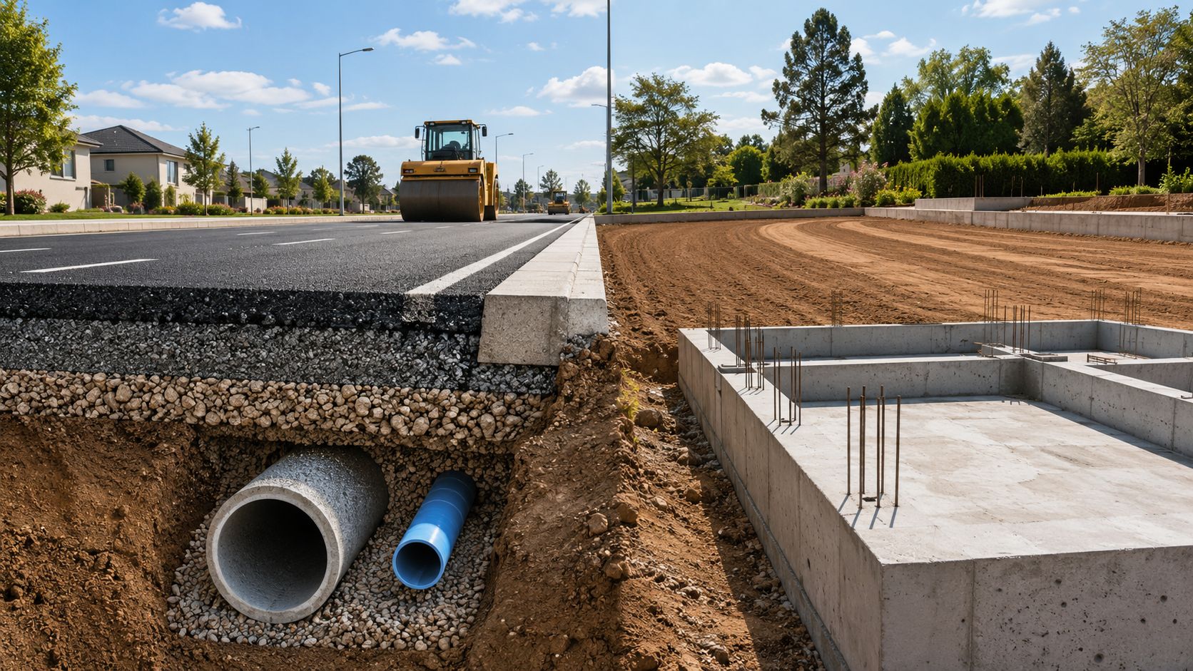 Et tværsnit af vejkonstruktion med kloakrør, asfaltlag og et nylagt betonfundament til et nyt byggeri.