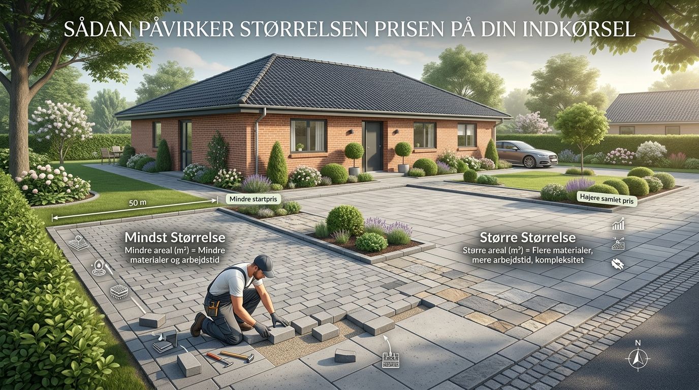 Illustration af en brolægger, der arbejder på en indkørsel, for at vise hvordan størrelsen påvirker prisen.